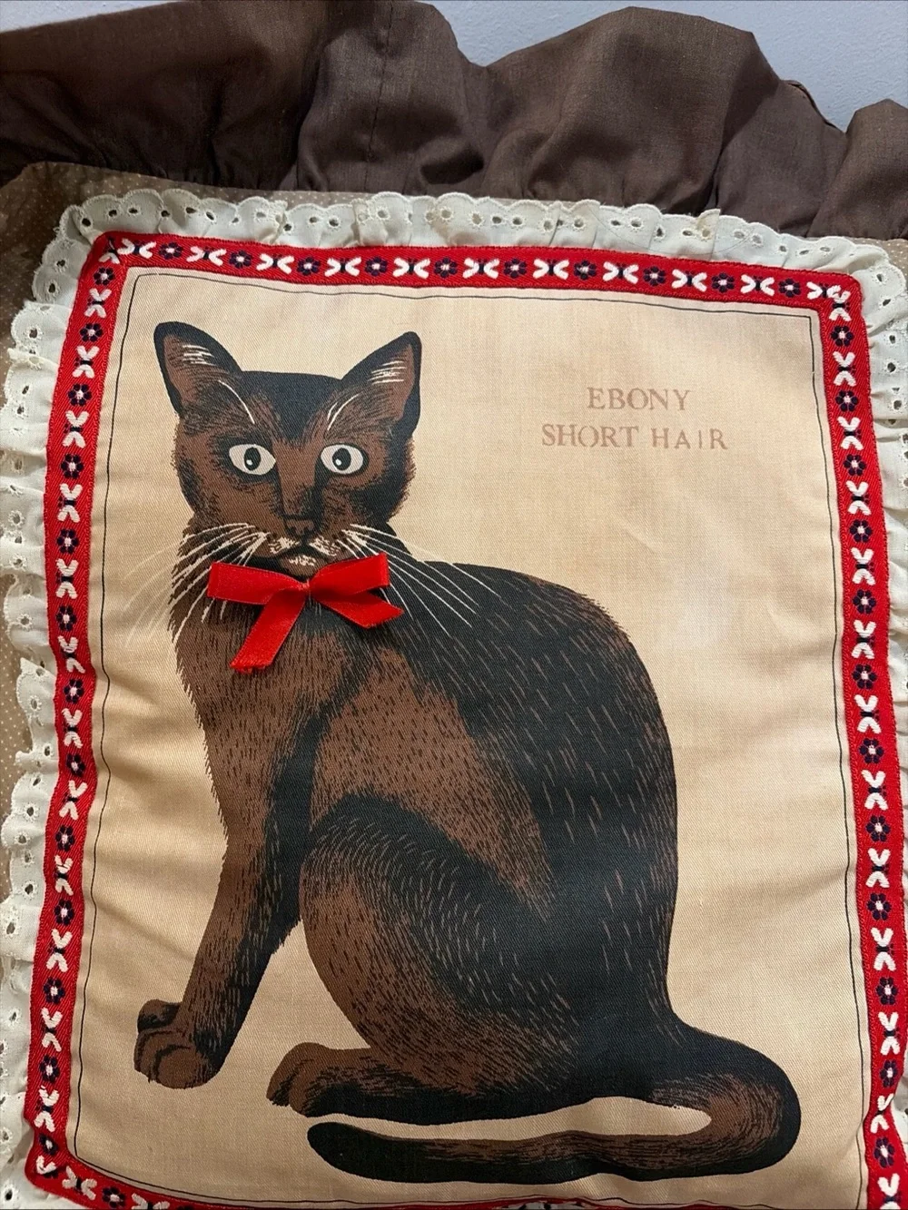 Vintage Cross Stitch Cat Pillow Brown Print 14x14 GrannyCore Cottage Kitty throw